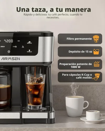 Miniatura 4 de AIRMSEN Cafetera Dual Programable de 12 Tazas – Máquina de una sola porción para Cápsulas K-Cup y Café Molido, 1000W de Preparación Rápida, Inicio