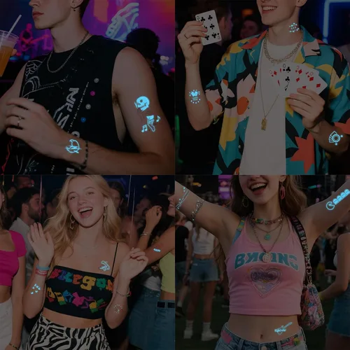 Miniatura 4 de 56 diseños que brillan en la oscuridad tatuajes (10 hojas) – Tatuajes temporales luminiscentes azules, suministros de fiesta brillantes para fiestas