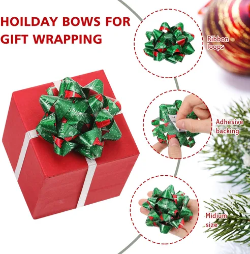 Miniatura 5 de Paquete de 24 lazos de Navidad para envolver regalos, lazos de regalo, varios lazos de Navidad autoadhesivos, lazos de estrella para regalos