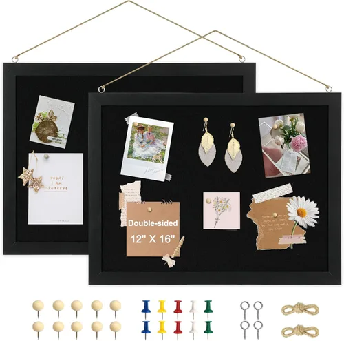 Miniatura 13 de Tablero de corcho de doble cara con lino, tablero de anuncios pequeño con marco de madera colgante de 12 x 12 pulgadas, kit de tablero de visión