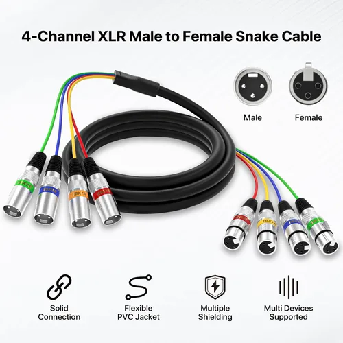 Miniatura 3 de EBXYA Cables XLR Snake de 4 canales, 4 cables XLR de color macho a hembra, para grabación en vivo, estudios, 3 pies