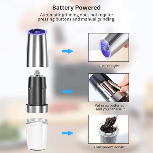 Miniatura 5 de Juego de 2 molinillos eléctricos de sal y pimienta, molinillo automático de sal y pimienta, rugosidad ajustable, funciona con pilas con luz LED