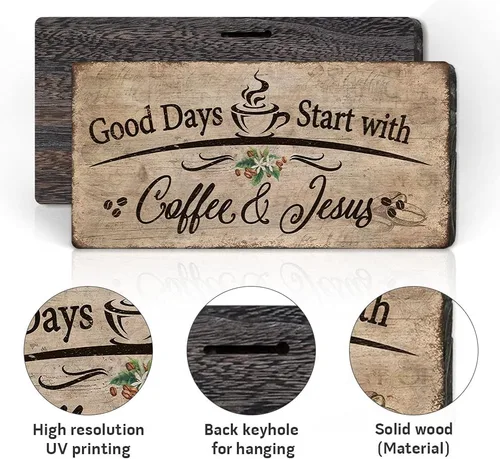 Miniatura 2 de Letrero de placa de madera rústica, decoración de pared con texto en inglés "Good Days Start with Coffee and Jesus", accesorios de barra de café