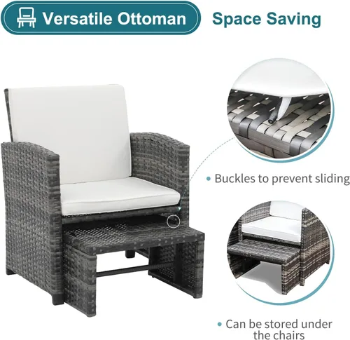 Miniatura 4 de OC Orange-Casual Juego de muebles de patio de 5 piezas, silla de mimbre para conversación al aire libre y juego otomano con mesa auxiliar, almohadas