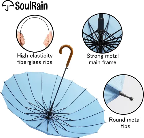 Miniatura 90 de SoulRain Paraguas de palo de 16 varillas de 48 pulgadas, apertura automática, color sólido, moderno y simple, mango de madera clásico de arco