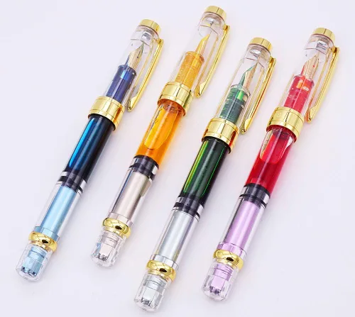 Miniatura 5 de erofa 【Actualizado】 Juego de 4 plumas estilográficas Yongsheng 3008 con pistón transparente con borde dorado extra fino de 0.015 in, bolígrafo