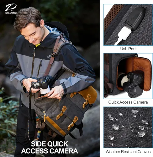 Miniatura 3 de Padwa Lifestyle Mochila para cámara profesional color negro y gris – Retro Crazy Horse Art Bolsa grande para cámara con múltiples cámaras