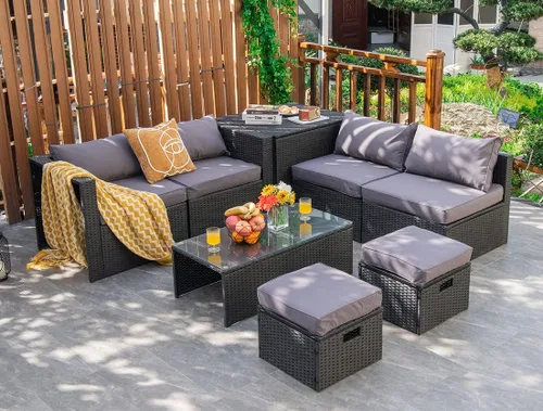 Miniatura 15 de Tangkula Patiojoy - Juego de muebles de patio de 8 piezas, sofá seccional de ratán PE para 6 personas con funda impermeable, para jardín, cubierta