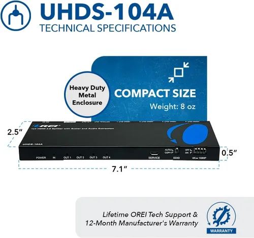 Miniatura 5 de OREI Divisor HDMI 1x4 2.0 con extractor de audio escalador 4 puertos con Full Ultra HDCP 2.4K a 60Hz y 3D compatible con control EDID - UHDS-104A