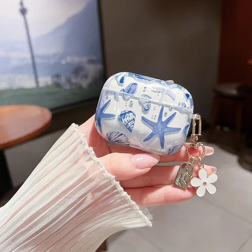 Miniatura 2 de MINSCOSE Compatible con AirPods Pro de 2ª/1ª generación, bonito diseño de patrón de conchas y estrellas de mar con llavero, funda protectora de TPU
