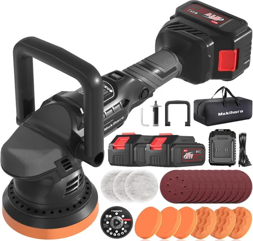 Pulidora de almohadillas inalámbrica de 5 pulgadas, pulidora orbital aleatoria para automóvil, 6 velocidades variables de 1000-5200 RPM, baterías de