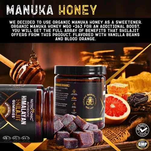 Miniatura 5 de Gomitas orgánicas SHILAJIT de NutroTonic Sin azúcar de caña, endulzadas con miel de manuka orgánica Fórmula limpia Ácido fúlvico natural
