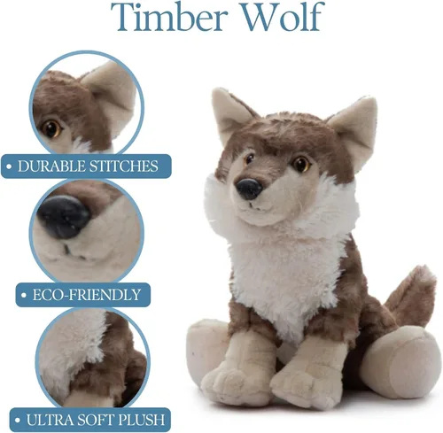 Miniatura 6 de The Petting Zoo Peluche de lobo de madera, regalos para niños, animales salvajes del zoológico Onez, juguete de peluche de lobo de madera sentado