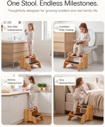 Miniatura 7 de StrongTek Taburetes de madera de 2 escalones para niños, superficie antideslizante segura con asas, capacidad de 350 libras, taburete portátil