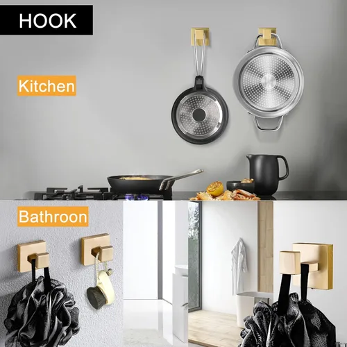 Miniatura 5 de Juego de accesorios de baño de 5 piezas 60 cm Barra de toalla dorada Juego de barra de toalla Anillo de toalla Gancho para abrigos y soporte