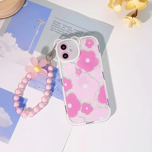 Miniatura 2 de NITITOP Funda compatible con iPhone 11, lente de cámara transparente con diseño de oso floral y cadena de pulsera de flores para mujeres y niñas