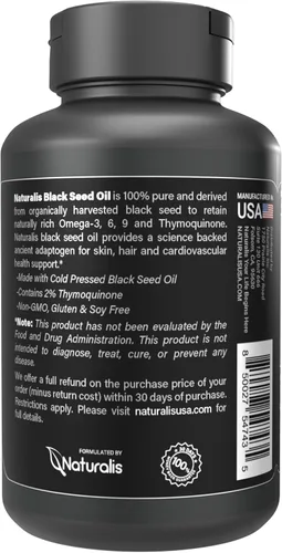 Miniatura 3 de Naturalis Aceite de semilla negra prensado en frío 1000 mg 2% de timoquinona natural (TQ) para cabello, piel, uñas y apoyo cardiovascular Sin
