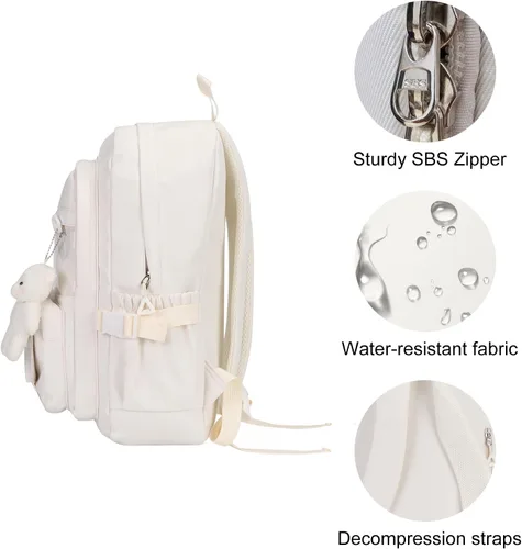 Miniatura 5 de Phaoullzon Mochila Kawaii para niñas, mochila escolar linda de anime con alfileres y colgante, Beige, Mediana, Moderno