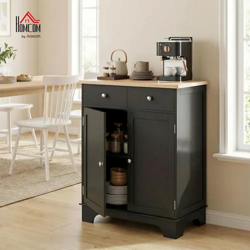 Miniatura 2 de HOMCOM Aparador de buffet con encimera de madera maciza, gabinete de almacenamiento de cocina moderno, gabinete de barra de café con 2 cajones, Negro