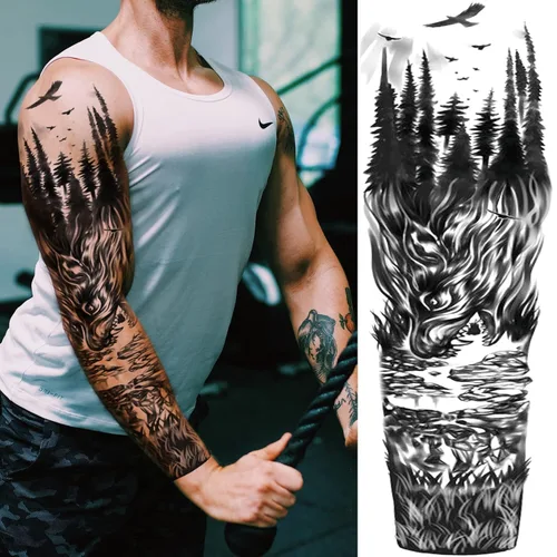 Miniatura 2 de Adhesivos de manga de tatuajes falsos de lobo león, brazo completo, dragón animal, tribal, mangas temporales de tatuaje para hombres, mujeres