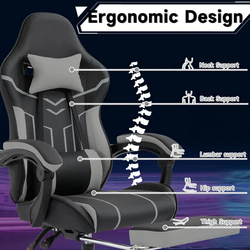 Miniatura 5 de Silla de juegos con reposapiés, silla de oficina ergonómica con soporte lumbar de masaje, silla de computadora de respaldo alto para adultos, sillas