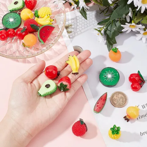 Miniatura 3 de SUNNYCLUE 1 caja de 22 piezas de 11 estilos de resina de Acción de Gracias, dijes de frutas de sandía, fresa, plátano, imitación de alimentos