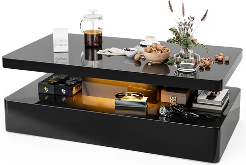 Miniatura 8 de Mesa de centro LED moderna, mesa de centro negra de alto brillo con luces LED de 16 colores, rectangular, 43.3 x 23.6 x 15.4 pulgadas Negro