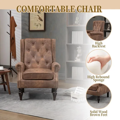 Miniatura 6 de Henf Sillón moderno tapizado con patas de madera resistentes y respaldo alto, sillón de tela para oficina, para sala de estar, dormitorio (café)