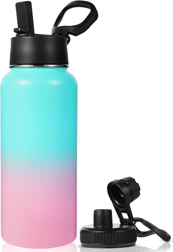 Miniatura 37 de Neihepal Botella de agua aislada de 32 onzas con 2 tapas (tapa con pajilla y boquilla), botellas de agua de doble pared de acero inoxidable 18/8