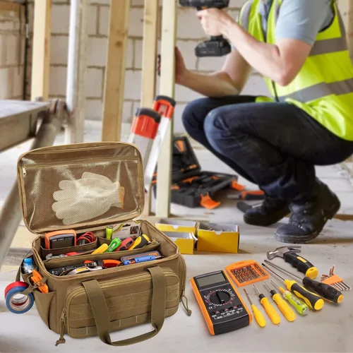 Miniatura 8 de Rexmica Bolsa de herramientas portátil de 14 pulgadas con fondo antifricción, organizador de almacenamiento de herramientas manuales para hombres