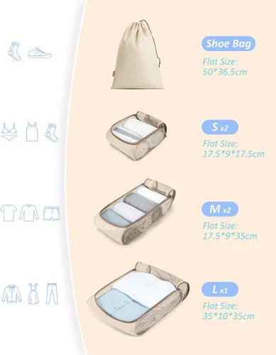 Miniatura 5 de BAGSMART - Juego de 7 cubos de embalaje para maletas esenciales de viaje, juego de bolsas organizadoras ligeras con bolsa de zapatos, cubos de viaje
