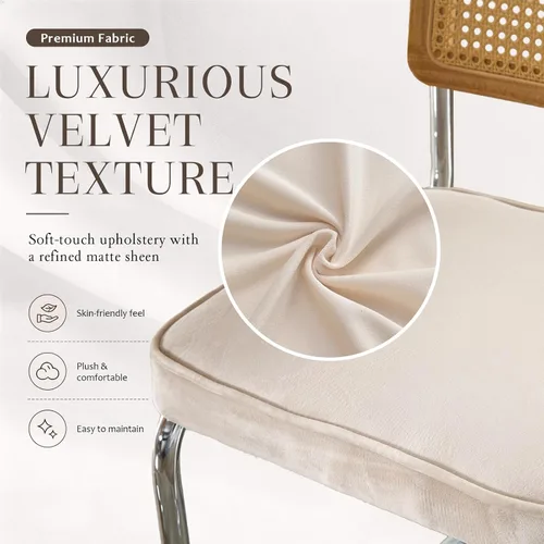 Miniatura 6 de Upholstered Velvet Dining Chairs Set of 2, Mid Century Modern Armless Upholstered Dining Chair with Rattan Back Stainless Chrome Frame for Dining