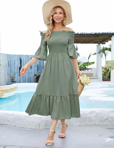 Miniatura 2 de DRESSTELLS Women Casual Dresses, Summer Smocked Maxi Dresses 2023 Trendy, Off Shoulder Boho Sundress
