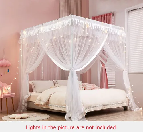 Miniatura 2 de Mengersi Cortina para Dosel de Cama Princesa, con 4 Esquinas, Dosel con Mosquitero para Cama de Princesa (Blanco, Doble)