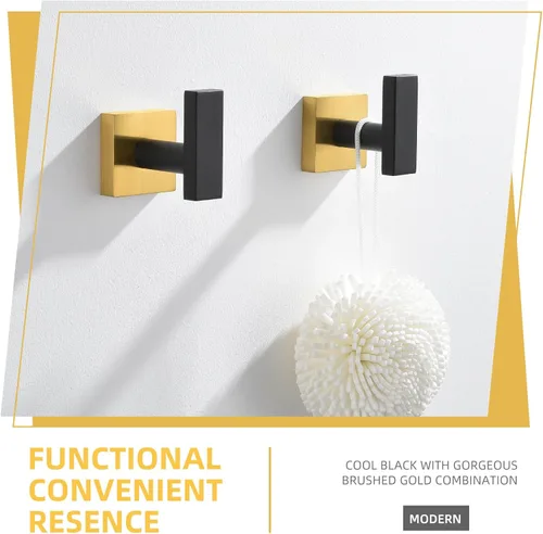 Miniatura 3 de Angle Simple Paquete de 2 ganchos para toallas de baño, soporte para bata de baño de acero inoxidable SUS 304 montado en la pared, negro y dorado
