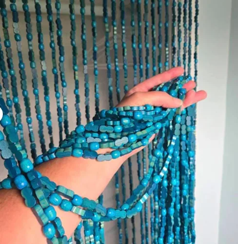 Miniatura 4 de BeadedString - Cortina con cuentas de madera natural y bambú, 77 pulgadas de alto (azul, 35.5 pulgadas de ancho)