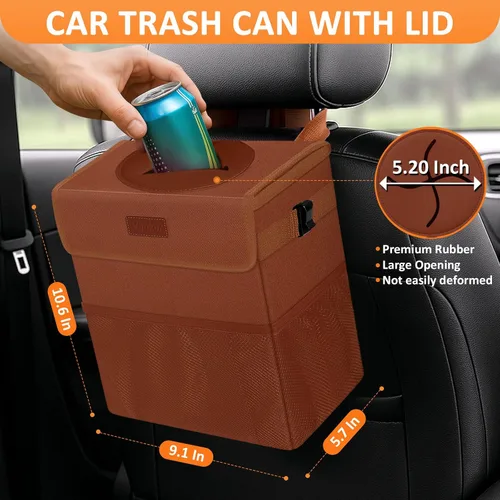 Miniatura 2 de Vankor Cubo de basura para coche, marrón, capacidad de 2.2 galones, impermeable, material de poliéster, correa ajustable, diseño colgante, forro a