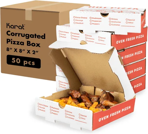 Karat Cajas de pizza de 20,3 x 20,3 cm [paquete de 50] Cajas corrugadas de impresión roja clásica | Ventiladas, resistentes a la grasa, duraderas