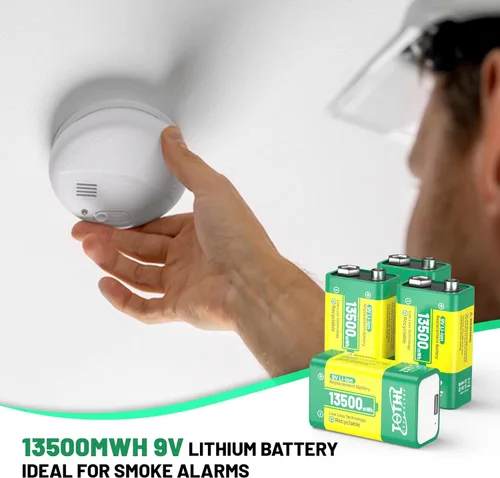 Miniatura 5 de Paquete de 4 baterías de 9 V para detector de humo, baterías de litio recargables por USB de 9 V, baterías de litio de 9 V recargables de larga