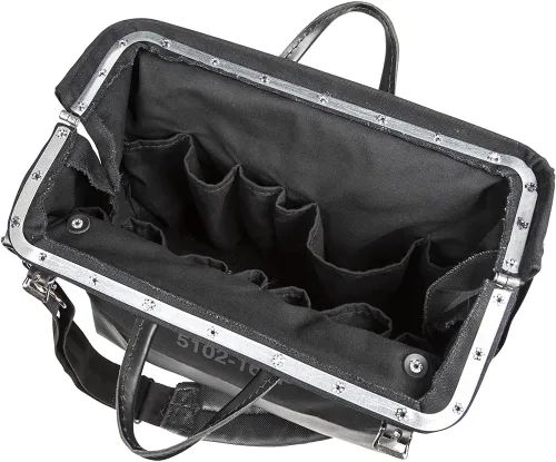 Miniatura 8 de Bolsa de herramientas Klein Tools 510216SPBLK, bolsa de tela deluxe de 16 pulgadas y organizador grande con 13 bolsillos y correa para el hombro