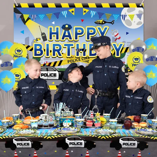 Miniatura 6 de KEFAN Decoraciones de fiesta de cumpleaños de policía, suministros de vajilla para fiestas temáticas de policía, incluyendo telón de fondo de feliz
