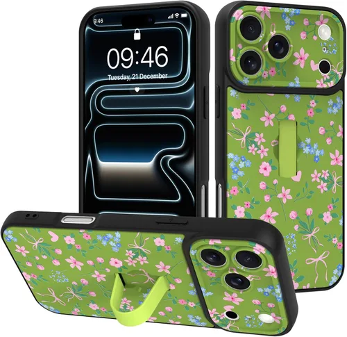 Miniatura 69 de Funda diseñada para iPhone 17 Pro Max con soporte plegable y correa para dedos, bonito patrón de lazo de corazón de flor rosa para mujeres y niñas