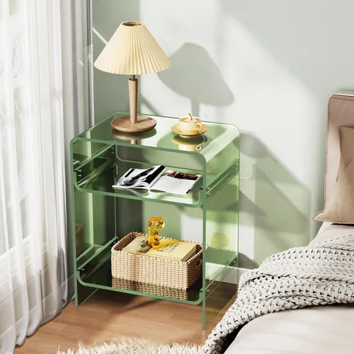 Miniatura 6 de Mesa para tocadiscos de acrílico con estante de almacenamiento, mesa auxiliar transparente para noche (verde, grande)