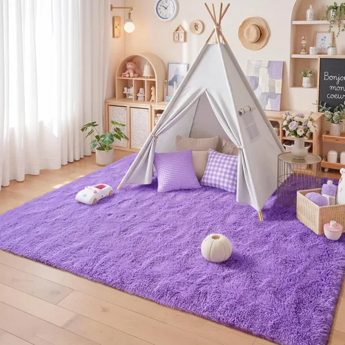 Miniatura 35 de JUNOVO - Alfombra de área lavable, antideslizante, alfombras ultra suaves de 4 x 5.3 pies, alfombras esponjosas para dormitorio, niños, niñas, Azul