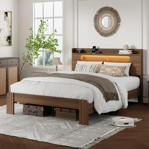 Miniatura 10 de Base de cama tamaño matrimonial con cabecera de almacenamiento, base de cama de plataforma con estación de carga y luces LED, listones de madera