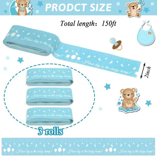 Miniatura 2 de Juegos de baby shower para género neutro How Big is Mommys Belly Tape de 150 pies de medida Cinta métrica de vientre embarazada oso Baby Shower Azul