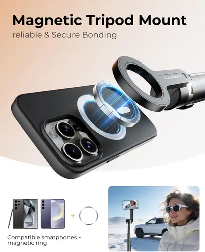Miniatura 2 de Trípode magnético para selfie stick de 72 pulgadas para iPhone MagSafe, soporte de trípode extensible para teléfono con control remoto Bluetooth