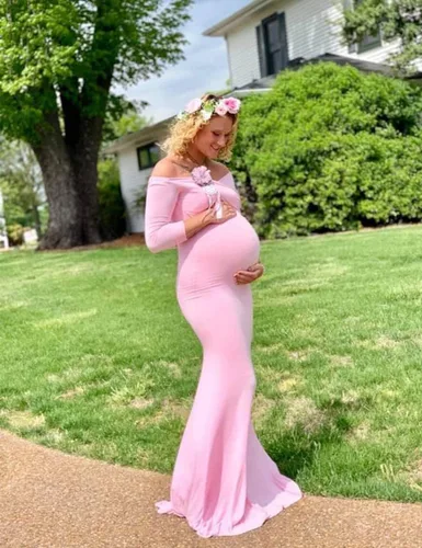 Miniatura 5 de JustVH Vestido de maternidad elegante ajustado de manga larga con cuello en V cruzado y corte entallado, maxi vestido de fotografía para sesión