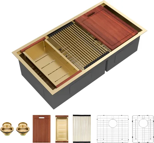 Miniatura 21 de Sarlai 28 Fregadero de cocina bajo encimera de doble tazón - Fregadero bajo encimera de acero inoxidable de 28x19 pulgadas de calibre 16, con repisa