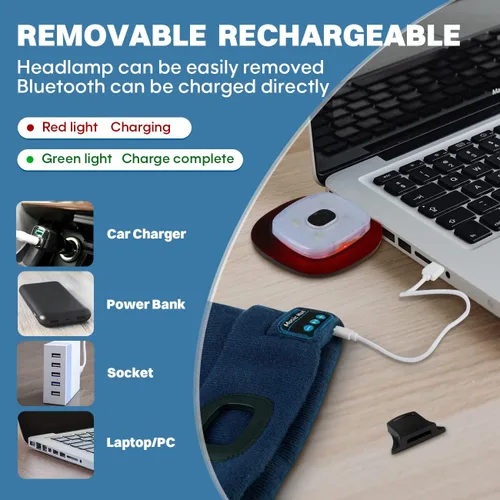Miniatura 5 de Bosttor Gorro Bluetooth con luz, gorro para faros delanteros con auriculares y micrófono de altavoz integrado, regalos para hombres, mujeres